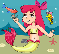 Size: 840x765 | Tagged: safe, artist:ocean lover, apple bloom, fish, human, mermaid, seahorse, starfish, g4, adorabloom, amber eyes, apple bloom's bow, bandeau, bare midriff, belly, belly button, bow, bubble, child, coral, cute, fins, fish tail, hair bow, happy, human coloration, humanized, long hair, looking up, mermaid tail, mermaidized, midriff, ms paint, ocean, red hair, sand, smiling, species swap, tail, underwater, water