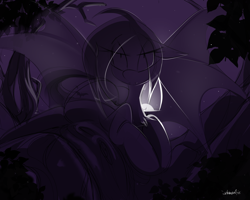 Size: 2500x2000 | Tagged: safe, artist:madragon, fluttershy, bat pony, pony, g4, bat ponified, bat wings, dark, flutterbat, forest, high res, looking at you, lying down, moonlight, purple background, race swap, simple background, sketch, sketch dump, solo, tree, wings