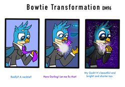 Size: 2453x1714 | Tagged: safe, artist:disneymarvel96, gallus, rarity, griffon, pony, unicorn, g4, bowtie, comic, female, glowing, light up, male, necktie, procreate app, solo, sparkly background, stars, sunglasses, transformation