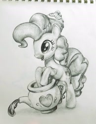 Size: 1630x2098 | Tagged: safe, artist:jack107401, pinkie pie, earth pony, pony, g4, doll, heart, liquid, monochrome, pencil drawing, pot, simple background, smiling, solo, toy, traditional art, white background