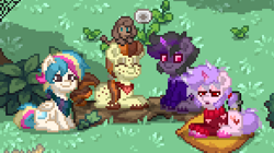 Size: 436x245 | Tagged: safe, oc, oc only, oc:choco bubbles, oc:dusk thorns, oc:gnarly breeze, oc:valentino, dog, earth pony, pegasus, pony, poodle, unicorn, pony town, ^^, eyes closed, group shot, grumpy, log, lying down, pillow, sitting, unshorn fetlocks