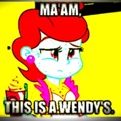 Size: 1400x1400 | Tagged: safe, edit, edited edit, edited screencap, editor:anonymous, editor:ok cheez, screencap, cup cake, human, equestria girls, g4, my little pony equestria girls, deep fried meme, meme, ponified meme, sir this is a wendy's