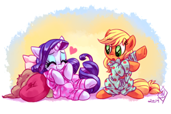 Size: 1800x1200 | Tagged: safe, artist:whitediamonds, applejack, rarity, earth pony, pony, unicorn, rarijack daily, g4, 2014, blushing, clothes, cute, duo, duo female, eyebrows, eyebrows visible through hair, eyes closed, female, freckles, hatless, heart, horn, jackabetes, lesbian, mare, missing accessory, old art, open mouth, pajamas, pillow, raribetes, ship:rarijack, shipping, signature, smiling, underhoof, weapons-grade cute