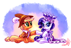 Size: 1900x1275 | Tagged: safe, artist:whitediamonds, applejack, princess platinum, rarity, smart cookie, earth pony, pony, unicorn, rarijack daily, g4, hearth's warming eve (episode), season 2, 2014, bedroom eyes, cape, clothes, crown, duo, duo female, female, freckles, hat, hoofbump, horn, jewelry, lesbian, looking at someone, looking at you, mare, old art, platicookie, puffy sleeves, regalia, ship:rarijack, shipping, signature, sitting, smiling, underhoof