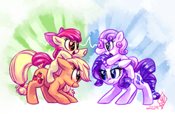Size: 1725x1125 | Tagged: safe, artist:whitediamonds, apple bloom, applejack, rarity, sweetie belle, earth pony, pony, unicorn, rarijack daily, g4, 2014, apple bloom riding applejack, apple bloom's bow, apple sisters, applelove, belle sisters, blank flank, bow, cute, eye contact, female, filly, foal, freckles, glare, group, hair bow, hatless, horn, lesbian, looking at each other, looking at someone, mare, missing accessory, old art, open mouth, ponies riding ponies, quartet, riding, riding a pony, ship:rarijack, shipping, siblings, signature, sisters, smiling, smiling at each other, sweetielove, underhoof, weapons-grade cute