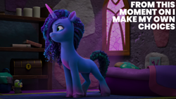 Size: 2000x1125 | Tagged: safe, edit, edited screencap, editor:quoterific, screencap, madame taffytail, misty brightdawn, pony, unicorn, g5, my little pony: make your mark, my little pony: make your mark chapter 4, sunny side up, spoiler:g5, spoiler:my little pony: make your mark, spoiler:my little pony: make your mark chapter 4, spoiler:mymc04e04, coat markings, cornrows, dialogue, female, mare, misty's pillow, opaline's dark castle, pale belly, socks (coat markings), solo, stained glass, unshorn fetlocks