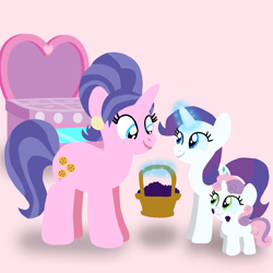 Size: 1400x1400 | Tagged: safe, artist:mlplary6, cookie crumbles, rarity, sweetie belle, pony, unicorn, g4, belle sisters, female, filly, filly rarity, foal, looking at each other, looking at someone, magic, magic aura, mare, mother and child, mother and daughter, siblings, sisters, smiling, smiling at each other, teenager, younger