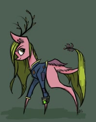 Size: 1015x1280 | Tagged: safe, artist:buttersflutterscotch, oc, deer, deer pony, hybrid, original species, pony, clothes, jumpsuit, solo, tail wings, vault suit