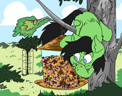 Size: 3508x2757 | Tagged: safe, artist:ponny, oc, oc:filly anon, earth pony, pony, behaving like a squirrel, bush, colored, crumbs, earth pony oc, eating, female, filly, foal, herbivore, high res, leaves, seeds, solo, tree, tree branch