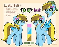 Size: 2048x1638 | Tagged: safe, artist:goyini01, oc, oc only, oc:lucky bolt, pegasus, pony, backwards ballcap, baseball cap, blue coat, bow, cap, cute, eye clipping through hair, female, green eyes, hair bow, happy, hat, mare, pegasus oc, reference sheet, smol