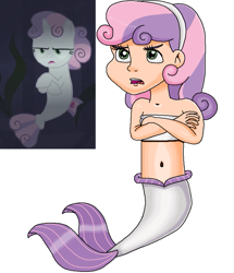 Size: 771x896 | Tagged: safe, artist:ocean lover, sweetie belle, human, mermaid, seapony (g4), g4, season 8, surf and/or turf, angry, bandeau, bare midriff, bare shoulders, belly, belly button, bored, crossed arms, cute, fins, fish tail, frown, green eyes, headband, human coloration, humanized, light skin, looking up, madorable, mermaid tail, mermaidized, midriff, ms paint, ocean, open mouth, scene interpretation, seaponified, seapony sweetie belle, seaweed, side by side, simple background, sleeveless, species swap, sweetie belle is not amused, tail, tail fin, two toned hair, unamused, underwater, water, white background