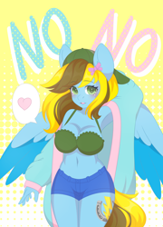 Size: 3100x4300 | Tagged: safe, artist:yomechka, oc, oc only, oc:lucky bolt, human, anthro, equestria girls, g4, backwards ballcap, baseball cap, beautiful, bow, bra, breasts, cap, cleavage, clothes, cute, daisy dukes, female, hair bow, hat, heart, humanized, jacket, long hair, looking at you, mare, midriff, sexy, shorts, shy, underwear, wings