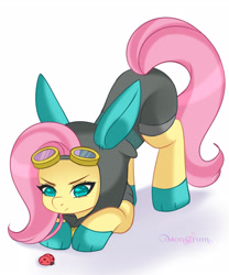 Size: 3000x3600 | Tagged: safe, artist:monstrum, fluttershy, insect, ladybug, pegasus, pony, g4, >:), clothes, colored pupils, costume, cute, dangerous mission outfit, face down ass up, female, full body, goggles, goggles on head, high res, hoodie, looking at something, mare, shyabetes, simple background, solo, white background