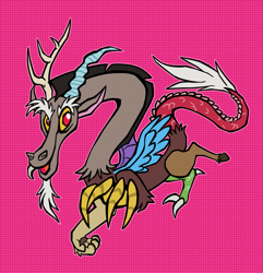 Size: 1025x1064 | Tagged: safe, artist:acura, discord, draconequus, g4, beard, facial hair, forced perspective, male, mismatched wings, open mouth, open smile, pink background, reaching, reaching towards you, red pupils, simple background, smiling, snaggletooth, solo, tail, wings