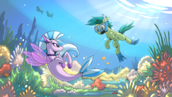 Size: 2560x1440 | Tagged: safe, artist:mysticalpha, sandbar, silverstream, earth pony, fish, pony, seapony (g4), g4, blue mane, blue tail, bubble, clothes, coral, crepuscular rays, cute, digital art, duo, female, fin wings, fins, fish tail, flippers (gear), flowing mane, flowing tail, jewelry, looking at each other, looking at someone, male, necklace, ocean, seapony silverstream, seaweed, see-through, smiling, smiling at each other, snorkel, stallion, sunlight, swimming, tail, underwater, water, wings