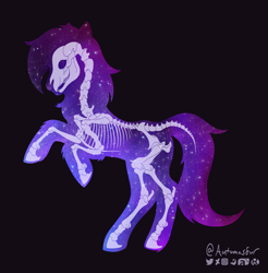 Size: 2585x2623 | Tagged: safe, artist:autumnsfur, oc, oc only, oc:glitter stone, earth pony, pony, anatomy, bone, earth pony oc, female, high res, logo, mare, rearing, ribcage, signature, silhouette, simple background, skeleton, skull, solo, universe, x-ray