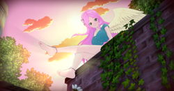 Size: 4096x2160 | Tagged: safe, artist:mtakara, fluttershy, human, g4, 3d, anime, barefoot, barefoot sandals, butterfly hairpin, clothes, dress, feet, humanized, koikatsu, looking at you, outdoors, sitting, smiling, smiling at you, spread wings, sunset, windswept hair, winged humanization, wings