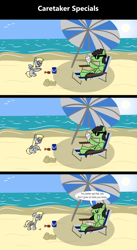 Size: 1920x3516 | Tagged: safe, artist:platinumdrop, derpy hooves, oc, oc:anon, oc:anon stallion, bird, pegasus, pony, seagull, comic:caretaker specials, series:caretaker, g4, 3 panel comic, angry, beach, beach chair, beach umbrella, bucket, butt, caretaker, chair, comic, commission, crying, duo, duo male and female, ears back, falling, female, filly, filly derpy, flank, floppy ears, foal, folded wings, food, hoof hold, i just don't know what went wrong, ice cream, ice cream cone, looking at each other, looking at someone, male, newspaper, ocean, open mouth, outdoors, parasol (umbrella), plot, reading, sad, sand, sandcastle, scrunchy face, seaside, series, shovel, sitting, sky, smiling, speech bubble, spread wings, stern, summer, sun, sunglasses, talking, tongue out, umbrella, vacation, water, wings, wings down, younger