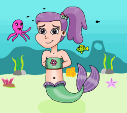 Size: 744x663 | Tagged: safe, artist:ocean lover, lily pad (g4), fish, human, mermaid, octopus, starfish, g4, bare shoulders, bashful, belly, belly button, boulder, child, clothes, coral, cute, cutie mark on clothes, female, fins, fish tail, flower, hands behind back, human coloration, humanized, innocent, kelp, looking at you, mermaid tail, mermaidized, midriff, ms paint, ocean, ponytail, purple eyes, purple hair, sand, seaweed, sleeveless, smiling, smiling at you, solo, species swap, swimming, tail, tail fin, underwater, water