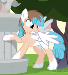 Size: 1050x1162 | Tagged: safe, artist:anonymous, lightning bolt, white lightning, human, pegasus, pony, g4, /ptfg/, brown hair, eye color change, female, gritted teeth, human to pony, light skin, looking at self, looking at wing, mare, mid-transformation, outdoors, partially open wings, show accurate, solo, statue, teeth, transformation, tree, wings