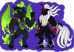 Size: 1414x1000 | Tagged: safe, artist:zetikoopa, oc, oc:dark havok, oc:phantom infinite, dragon, hybrid, kirin, longma, anthro, antagonist, fire, kirin oc, male, oc villain, stallion