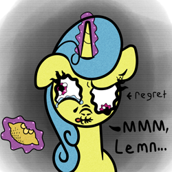Size: 1000x1000 | Tagged: safe, artist:scandianon, lemon hearts, pony, unicorn, g4, crying, dialogue, eating, female, food, herbivore, lemon, looking at you, magic, mare, puckered lips, regret, scrunchy face, solo, sour, teary eyes, telekinesis, tongue out, wall eyed