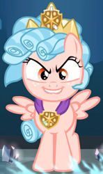 Size: 626x1055 | Tagged: safe, composite screencap, edit, edited screencap, editor:incredibubbleirishguy, screencap, cozy glow, pegasus, pony, g4, school raze, cropped, crown, empress, empress of friendship, evil smile, female, filly, foal, grin, jewelry, lip bite, looking at you, regalia