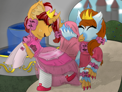 Size: 4000x3000 | Tagged: safe, artist:spiroudada, oc, oc only, griffon, pony, unicorn, bow, castle, clothes, cute, dress, duo, fountain, giggling, griffon oc, horn, jewelry, pink, princess, shoes, smiling, sunlight, tiara, unicorn oc