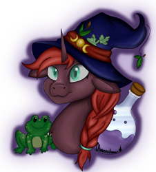 Size: 540x598 | Tagged: safe, artist:ohneechan, oc, oc only, frog, pony, unicorn, :3, braid, clothes, costume, female, flask, green eyes, hairband, halloween, halloween costume, hat, herbs, holiday, horn, mistleholly, potion, profile picture, simple background, smiling, solo, transparent background, unicorn oc, watermark, witch hat