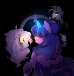 Size: 975x1000 | Tagged: safe, artist:thewandie, oc, oc only, oc:estella sparkle, alicorn, fox, pony, alicorn oc, animatronic, black background, broken horn, chest fluff, commission, crossover, duo, female, five nights at freddy's, glowing, glowing horn, hair over eyes, horn, mangle, mare, markings, open mouth, raised hoof, simple background, unshorn fetlocks, wings, ych result