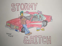 Size: 828x621 | Tagged: safe, artist:soenjay, hitch trailblazer, zipp storm, human, g5, car, clothes, colored sketch, detective, female, ford, jacket, male, parody, police badge, sketch, starsky and hutch, traditional art