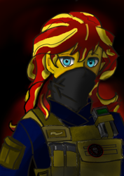 Size: 3508x4960 | Tagged: safe, artist:broni, sunset shimmer, human, g4, armor, bulletproof vest, clothes, female, humanized, military, military uniform, pmc wagner, simple background, solo, uniform