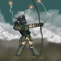 Size: 1000x1000 | Tagged: safe, artist:chgnk3r, oc, oc only, changeling, pony, unicorn, armor, armored pony, arrow, bow, clothes, fight, holeless, imperial guard, male, military uniform, shoes, solo, standing, uniform, warhammer (game), warhammer 40k