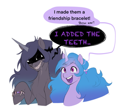 Size: 2013x1819 | Tagged: safe, artist:aztrial, izzy moonbow, oc, oc:mimic izzy, mimic, pony, unicorn, g5, bracelet, concave belly, doppelganger, drool, duo, fangs, female, friendship bracelet, grin, jewelry, mare, raised hoof, ribcage, sharp teeth, simple background, slender, smiling, sternocleidomastoid, teeth, thin, white background