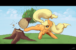 Size: 2500x1640 | Tagged: safe, artist:skitsroom, applejack, rainbow dash, earth pony, pegasus, pony, g4, abuse, chest fluff, cloud, dashabuse, female, freckles, grass, high res, kick, letterboxing, mare, missing accessory, motion blur, shoulder fluff, sky, this will end in death, this will end in pain, this will end in tears, this will end in tears and/or death, tree