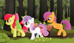 Size: 1796x1052 | Tagged: safe, artist:xodok, apple bloom, scootaloo, sweetie belle, zecora, bird, butterfly, earth pony, owl, pegasus, pony, squirrel, unicorn, zebra, series:ponyashnost, g4, book, cutie mark crusaders, female, filly, flower, foal, forest, mushrooms, trio focus