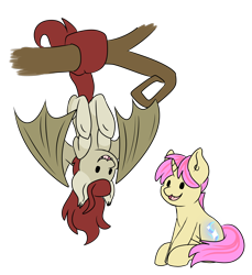 Size: 3212x3506 | Tagged: safe, artist:noxi1_48, oc, oc only, bat pony, pony, unicorn, daily dose of friends, behaving like a bat, duo, hanging, hanging by tail, hanging upside down, high res, open mouth, open smile, partially open wings, simple background, sitting, smiling, transparent background, tree branch, upside down, wings