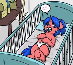 Size: 1288x1154 | Tagged: safe, artist:chen_ying, oc, oc only, oc:heavy halbard, pony, unicorn, >w<, baby, baby pony, crib, diaper, female, guardsmare, mare, pacifier, royal guard, small diaper
