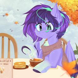Size: 2000x2000 | Tagged: safe, artist:thieftea, oc, oc:stella nocturne, bat pony, bird, hybrid, pegasus, pony, autumn, chair, clothes, cloud, coffee, coffee cup, colored wings, commission, cup, food, gradient eyes, gradient hooves, herbivore, high res, leaves, multicolored hair, multicolored mane, multicolored wings, pancakes, scarf, solo, tree, wings, ych result