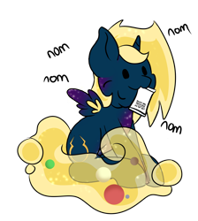Size: 2010x2245 | Tagged: safe, artist:noxi1_48, oc, oc only, oc:alpha omega, alicorn, pony, daily dose of friends, alicorn oc, do not eat, high res, horn, mouth hold, nom, silica gel, simple background, sitting, solo, transparent background, wings