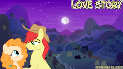 Size: 2063x1161 | Tagged: safe, artist:not-yet-a-brony, artist:pink1ejack, bright mac, pear butter, g4, the perfect pear, 2023, apple, apple tree, female, fence, hay, husband and wife, love story, lyrics in the description, male, mare in the moon, moon, night, pear tree, ponyville, scenery, september, ship:brightbutter, shipping, song in the description, song reference, straight, sweet apple acres, taylor swift, tree, youtube link in the description