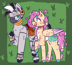 Size: 2000x1800 | Tagged: safe, artist:tottallytoby, fluttershy, zecora, butterfly, pegasus, pony, zebra, g4, bag, bangles, body freckles, bracelet, braid, braided tail, cheek fluff, chest fluff, choker, colored hooves, cyan eyes, duo, ear piercing, ear tufts, earring, eyeshadow, female, flower, flower in hair, folded wings, freckles, green background, jewelry, leaves, leaves in hair, leg fluff, leg scar, lesbian, looking at each other, looking at someone, makeup, mare, open mouth, pale belly, piercing, pink wingtips, saddle bag, scar, scarred, shipping, shycora, simple background, smiling, tail, talking, teal eyes, unshorn fetlocks, wing freckles, wing scar, wings