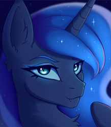 Size: 1817x2081 | Tagged: safe, artist:tanatos, princess luna, alicorn, pony, g4, bust, cute, cute little fangs, ear fluff, eyebrows, eyeshadow, fangs, female, glowing, glowing eyes, horn, looking at you, makeup, mare, portrait, simple background, slit pupils, smiling, smiling at you, solo, wings