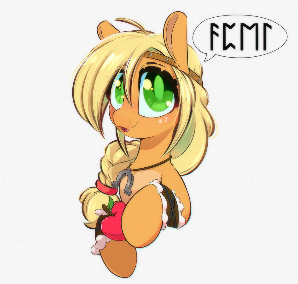[apple,applejack,bust,cute,earth pony,female,food,headband,jewelry,looking at you,mare,necklace,pony,runes,safe,simple background,solo,speech bubble,white background,jackabetes,smiling,wristband,appul,smiling at you,colored pupils,artist:inkypuso]
