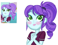 Size: 820x634 | Tagged: safe, artist:rainbowstarcolour262, crystal lullaby, human, equestria girls, g4, my little pony equestria girls: better together, pinkie pie: snack psychic, blushing, clothes, cute, female, green eyes, happy, lipstick, lulladorable, picture-in-picture, ponytail, purple hair, redraw, screencap reference, shirt, simple background, smiling, solo, t-shirt, teeth, transparent background