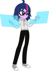 Size: 3344x4841 | Tagged: safe, artist:sketchmcreations, sci-twi, twilight sparkle, human, equestria girls, g4, alternate hairstyle, clothes, converse, female, friday night funkin', glasses, hologram, hoodie, pants, shoes, simple background, smiling, sneakers, solo, transparent background, vector