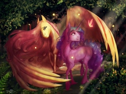 Size: 1400x1045 | Tagged: safe, artist:finchina, fluttershy, izzy moonbow, butterfly, pegasus, pony, unicorn, g5, duo, female, garden, large wings, light rays, mare, smiling, wings