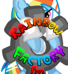 Size: 447x486 | Tagged: safe, artist:mudkip91/tetrahedron, rainbow dash, fanfic:rainbow factory, g4, clothes, colored text, evil eyes, fanfic art, gears, hanging, icon, lab coat, logo, peeking, rainbow factory dash, rainbow factory fm, reflection, shading, simple background, text, transparent background