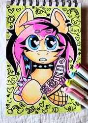 Size: 2892x4032 | Tagged: safe, artist:cocacolab, fluttershy, pegasus, pony, g4, beanbrows, cellphone, choker, chokershy, emoshy, eye clipping through hair, eyebrows, eyebrows visible through hair, female, fishnet stockings, flip phone, heart, heart eyes, high res, looking at you, mare, phone, solo, spiked choker, spiked wristband, traditional art, wingding eyes, wristband