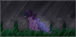 Size: 1280x617 | Tagged: safe, artist:mh-verse, twilight sparkle, alicorn, pony, g4, ethereal mane, female, frown, gravestone, graveyard, immortality blues, implied death, implied mane six, leaning, mare, palindrome get, rain, solo, twilight sparkle (alicorn), twilight will outlive her friends